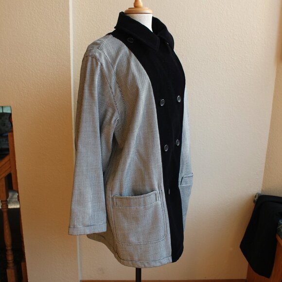 Vintage 80's Apriori Wool Blend Reversable Houndstooth Black Velvet DB Coat 12 - Picture 4 of 7